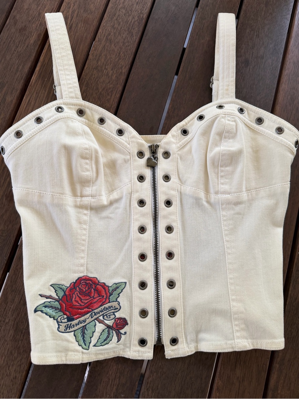 Harley-Davidson Ivory Embroidered Rose Denim Bustier Top NWT Size Small
